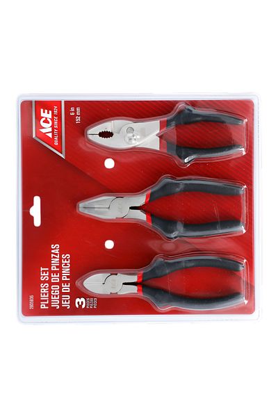 ACE 3-Piece Stainless Steel Non-Slip Comfort Grip Plier Set Black and Silver 6inch