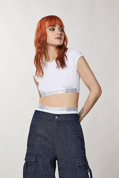 Patrizia Pepe Top Crop cu Strasuri - - Alb, L, Sv2024