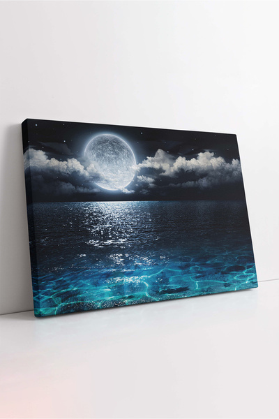 KOSS Dijital Pictură pe pânză cu ocean și lună, pânză cu mare albastră, pictu...
