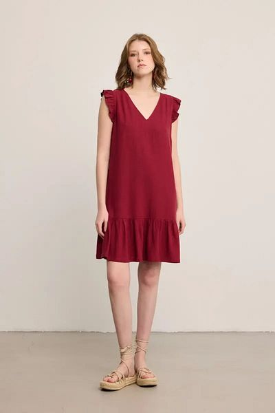 Gusto Λινό Φόρεμα Flounce - Claret Red