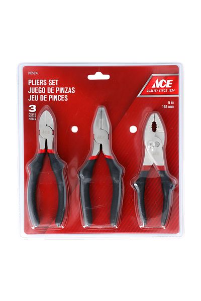 ACE 3-Piece Stainless Steel Non-Slip Comfort Grip Plier Set Black and Silver 6inch