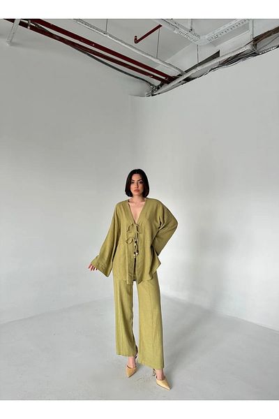My Blog Khaki Beaded Kimono Linen Suit - 8321