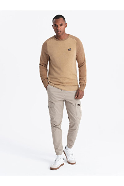 OMBRE Men's cotton sweater with patch and raglan sleeves - brown V4 OM-SWSW-0121 XL