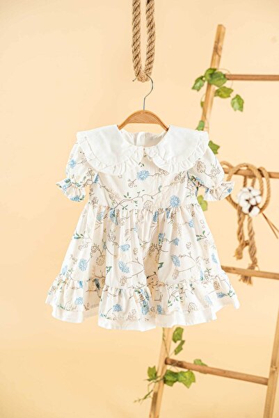 Mini Chics Mavi Çiçekli Brodeli Kısa Kol Kız Çocuk Elbise