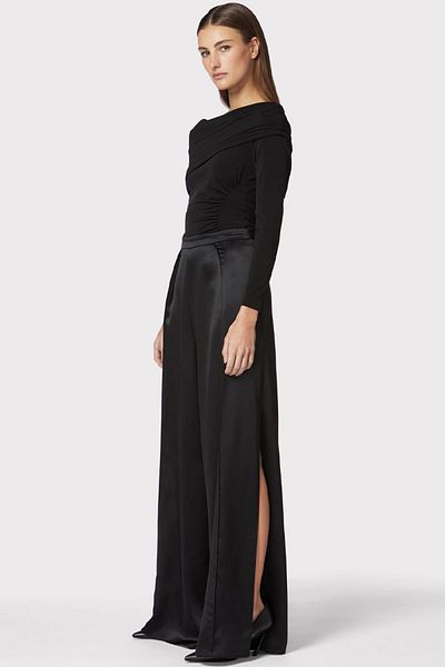 Herve Leger PANTALONI ICON CU TALIE ÎNALTĂ DIN MĂTASE CU CROCIERE LARGI - HERVE LEGER - NEGRU, S