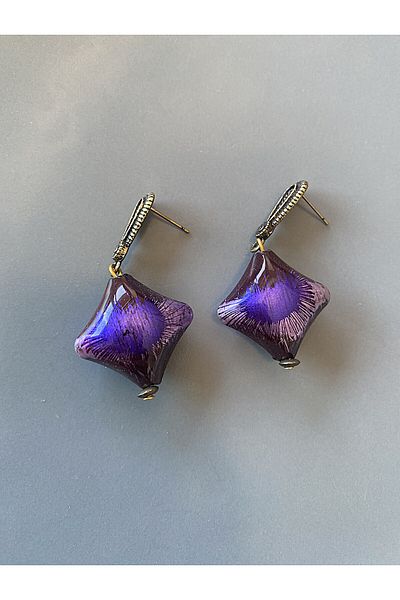 dela otantik Purple Glass Earrings – Handmade Artistic Design with Antique Brass Detail - Authentic Bohemian Vintage Bijoux Jewelry