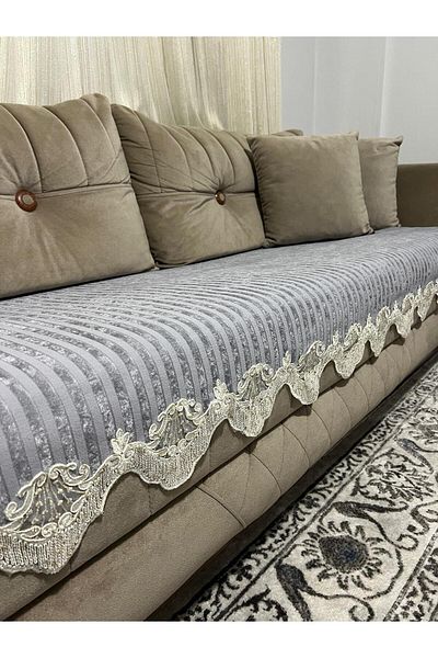 DECORA CASA HOME COLLECTİON Lacy Striped Sponge Velvet Non-Slip Sofa Bed Seat Cover (85X210)