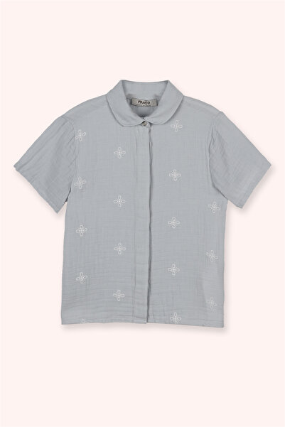 Panço Kız Çocuk Nakış Detaylı Müslin Mavi Gömlek