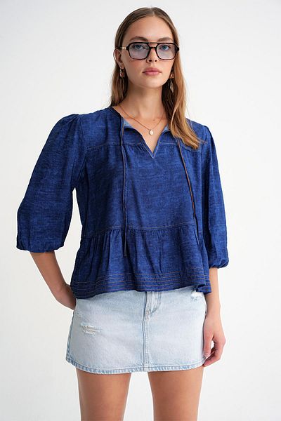 Mixray 4704 Women's Ruffled Balloon Sleeve Short Denim Blouse Navy Blue