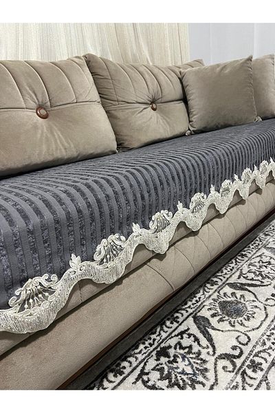 DECORA CASA HOME COLLECTİON Lacy Striped Sponge Velvet Non-Slip Sofa Bed Seat Cover (85X210)