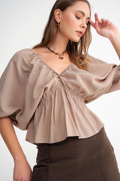 Mixray 4703 Women's V-Neck Elastic Modal Blouse Soil