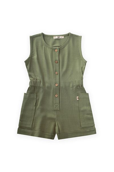 Cigit Short Length Linen Jumpsuit with Side Pockets 2-7 Years Khaki Green