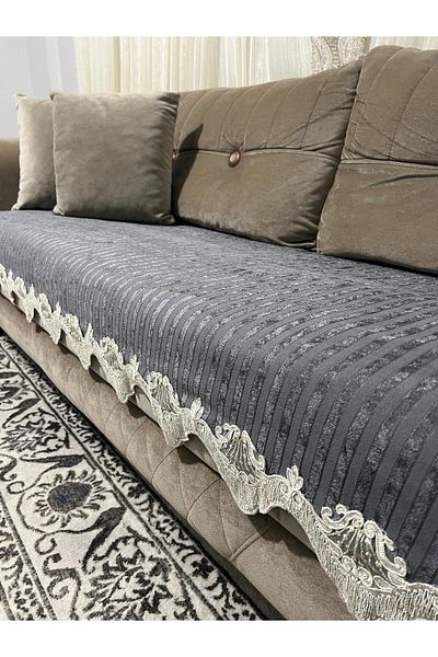 DECORA CASA HOME COLLECTİON Lacy Striped Sponge Velvet Non-Slip Sofa Bed Seat Cover (85X210)