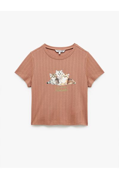 Koton Crew Neck Short Sleeve Textured Cat Printed T-Shirt