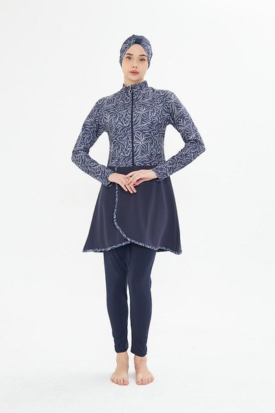 Fantasy Full Covered Lycra Patterned Skirted Hijab Swimsuit Navy Blue 3483-L