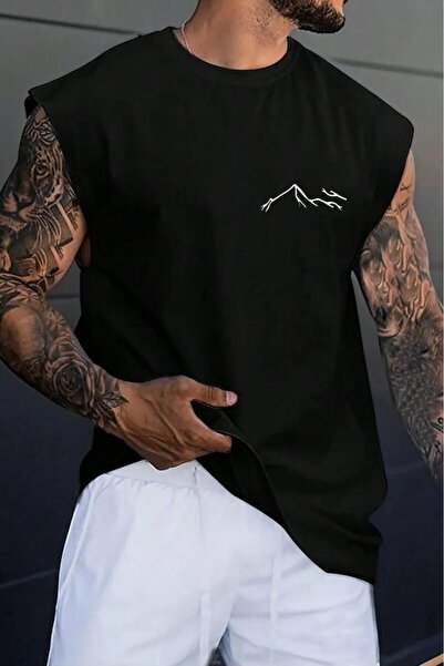 NO 601 Tricou negru pentru bărbați, fără mâneci, cu imprimeu de munte