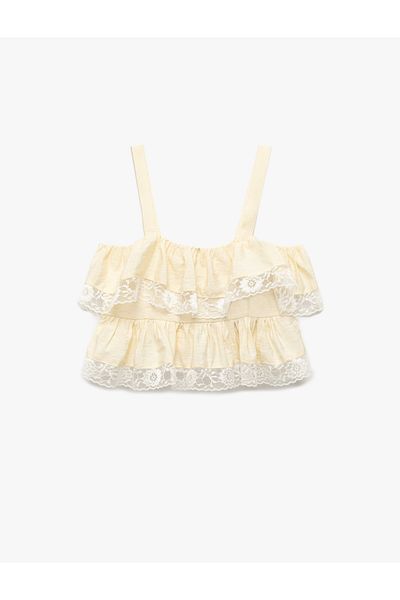 Koton Viscose Fabric Loose Fit Square Neck Strap Crop Ruffled Ruched Blouse