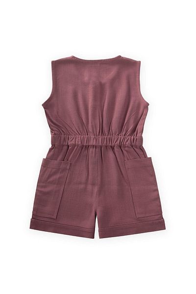 Cigit Short Length Linen Jumpsuit with Side Pockets for 2-7 Years Old Plum