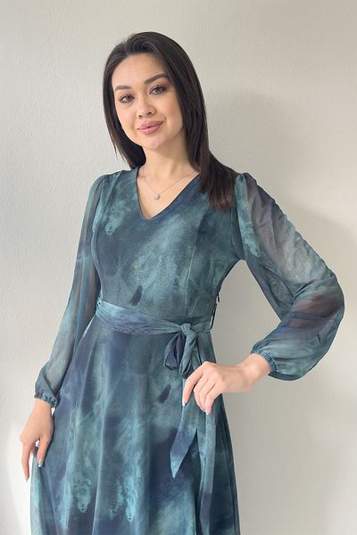 zks grup tekstil Rochie de damă turcoaz cu decolteu în V cu model batik din tul, lungime midi, mărime mare