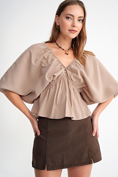 Mixray 4703 Women's V-Neck Elastic Modal Blouse Soil