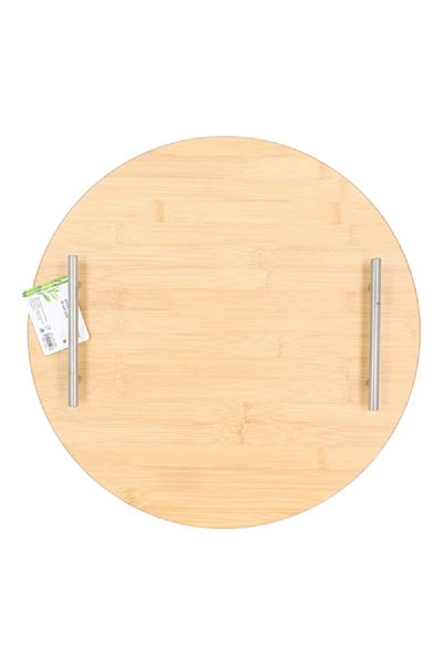 Bien Servi Round Bamboo Serving Tray with Handle Natural and Silver