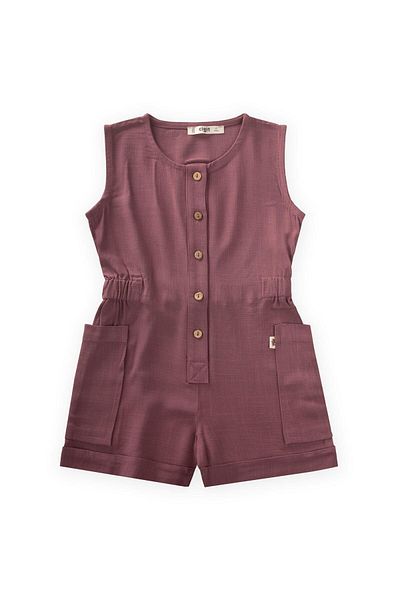Cigit Short Length Linen Jumpsuit with Side Pockets for 2-7 Years Old Plum