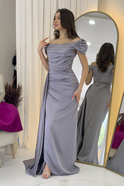 zks grup tekstil Rochie de seară pentru femei, cu umăr jos, din satin, cu fantă, Saks albastru, argintiu