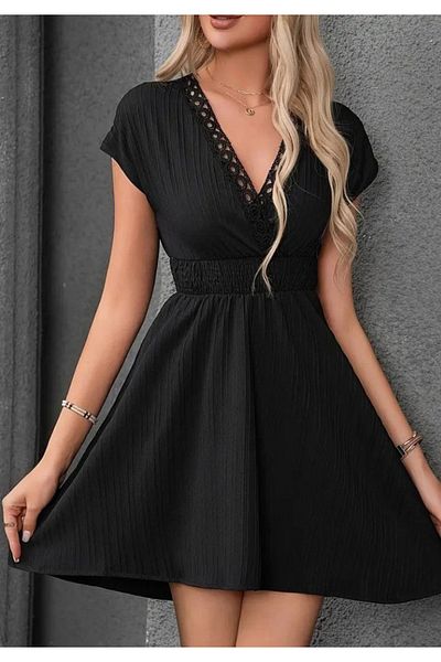 Little Visqon Women's Short Sleeve Double Breasted Collar Elastic Waist Wrinkle Dress
