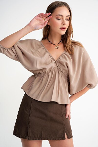 Mixray 4703 Women's V-Neck Elastic Modal Blouse Soil