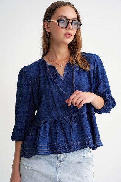 Mixray 4704 Women's Ruffled Balloon Sleeve Short Denim Blouse Navy Blue