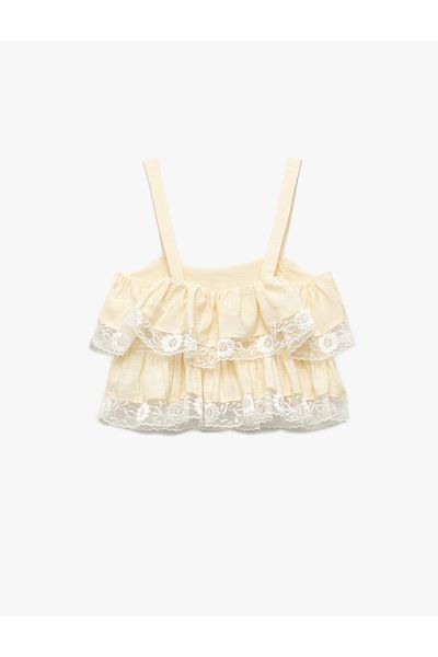Koton Viscose Fabric Loose Fit Square Neck Strap Crop Ruffled Ruched Blouse