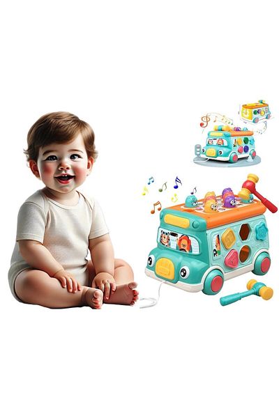 indiggo Jucărie interactivă multifuncțională FunSchool Bus, autobuz educațional cu joc Whack-a-Mole, formă și amorțeală