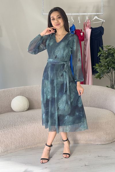 zks grup tekstil Rochie de damă turcoaz cu decolteu în V cu model batik din tul, lungime midi, mărime mare