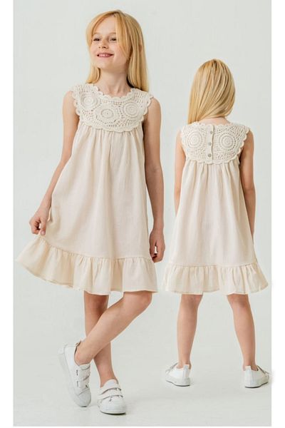 Cichild Girls' Button Closure Embroidery Lace Trim Skirt Ruffle Garnished Crinkle Woven Dress