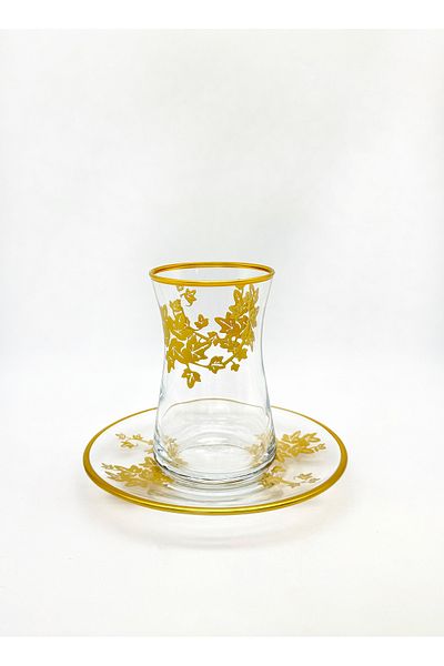 ÖzcamKristal 12 Piece Tea Cup Set with Golden Plane Tree Motif for 6 People
