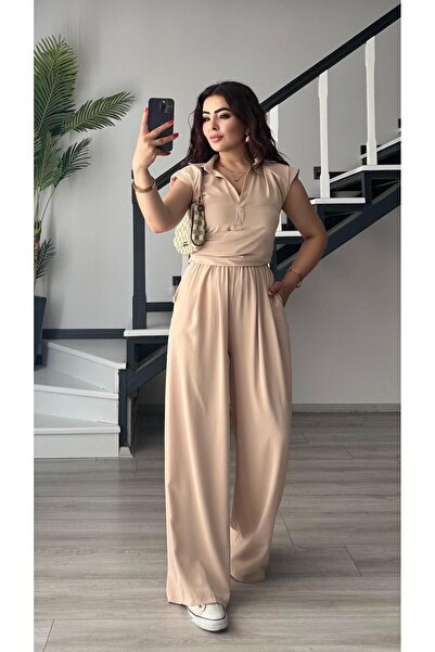 Oslove Beige Padded Blouse-Pants Set
