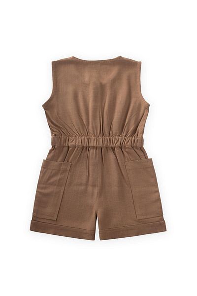 Cigit Short Length Linen Jumpsuit with Side Pockets 2-7 Years Caramel