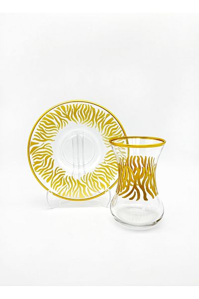 ÖzcamKristal 12 Piece Tea Cup Set with Thin Waisted Gold Motif for 6 People