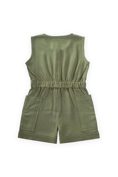 Cigit Short Length Linen Jumpsuit with Side Pockets 2-7 Years Khaki Green