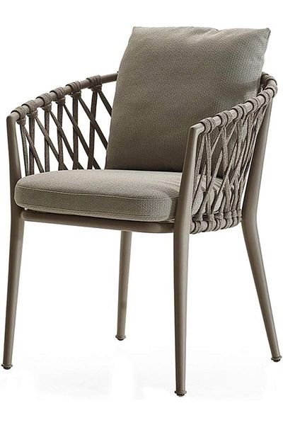 rexa Outdoor Hemp Rope Weaving Dining Chair Metal Frame Woven Seat Indoor Lounge Chair with Cushion Gray