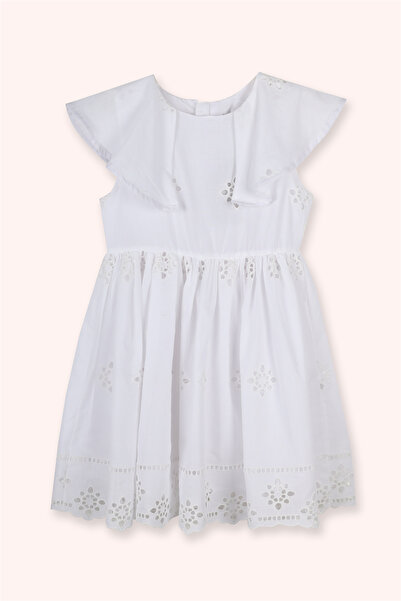 Panço Kız Çocuk Yaka Detaylı Fisto Beyaz Elbise