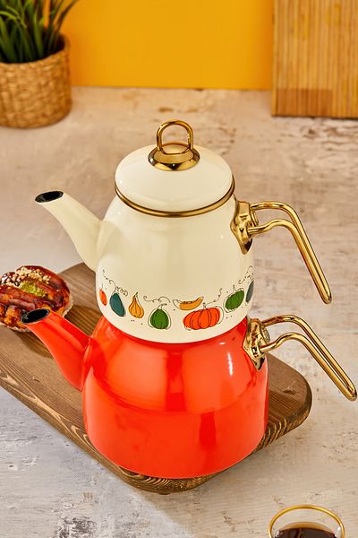 Akkoyunlu home Orange Pumpkin Midi Teapot Set Enamel Teapot Set