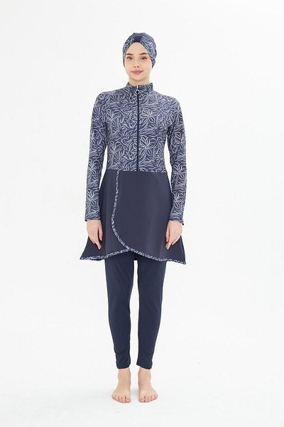 Fantasy Full Covered Lycra Patterned Skirted Hijab Swimsuit Navy Blue 3483-L