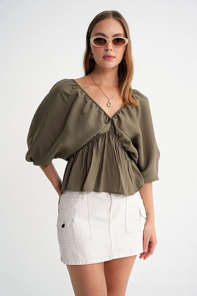 Mixray 4703 Women's V-Neck Elastic Modal Blouse Khaki