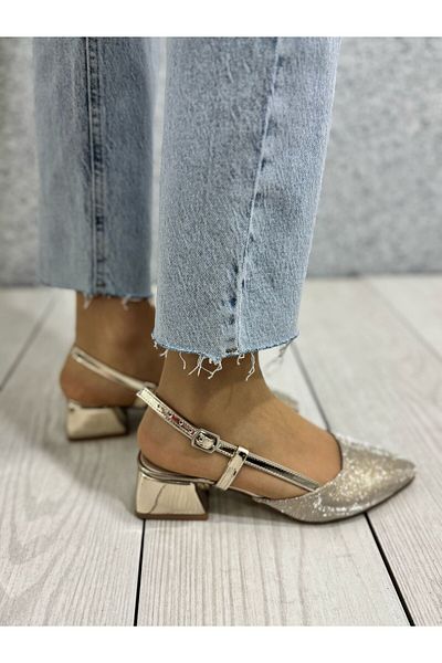 ayakkabiyolla Gold Glitter Low Heel Comfortable Heeled Shoes