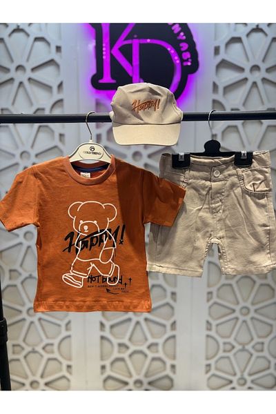 KUMRUNUN DÜNYASI Short Sleeve T-Shirt Shorts and Hat 3-Piece Bottom Top Boy's Set