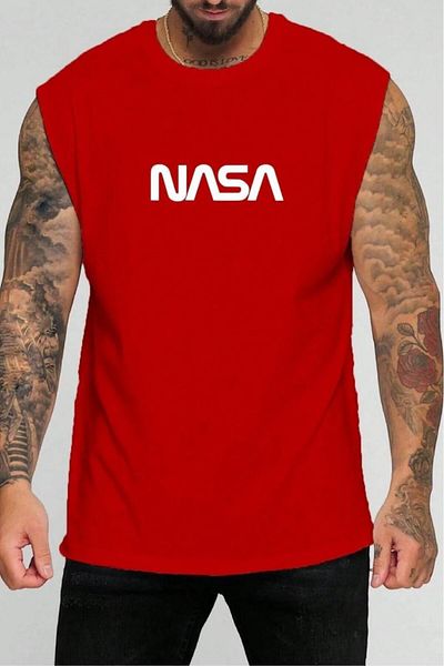 NO 601 Men's Red Nasa Printed Sleeveless Undershirt Tshirt