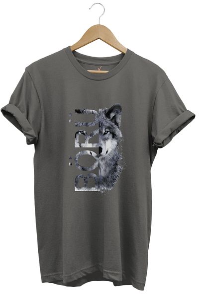 WİDİ Tricou gri premium din bumbac 100% cu imprimeu Bozkurt Börü și lup