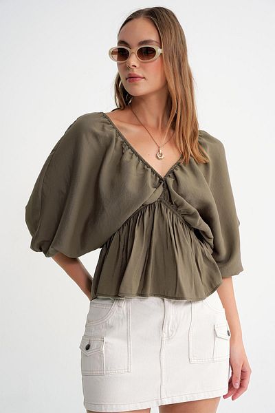 Mixray 4703 Women's V-Neck Elastic Modal Blouse Khaki