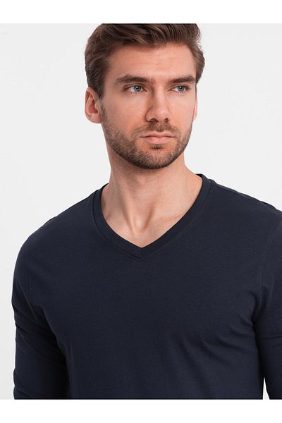 OMBRE Unbedrucktes Herren Longsleeve mit V-Ausschnitt - Marineblau V5 OM-LSBL-0108 XL
